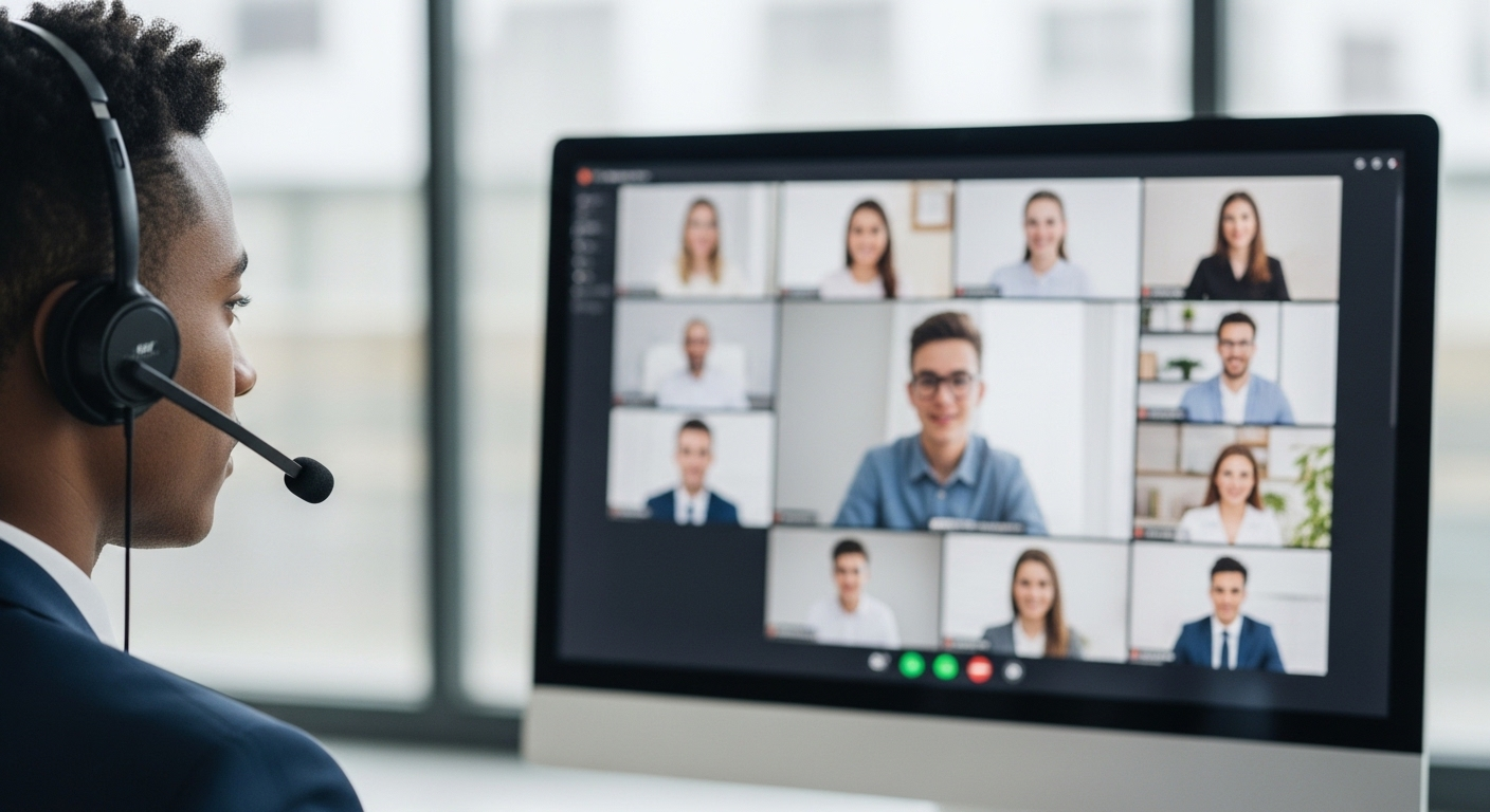 Chuyên gia đeo tai nghe tham gia hội nghị video trực tuyến trên màn hình lớn, một ví dụ về kiếm tiền online tại nhà không cần vốn thông qua các dịch vụ tư vấn hoặc dạy học.