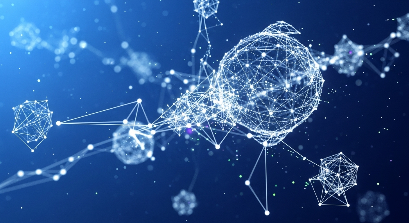 Mạng lưới kỹ thuật số phát sáng, gồm các đường nét và hình khối trừu tượng trên nền xanh đậm, biểu trưng cho luồng dữ liệu và kết nối internet toàn cầu, nền tảng vững chắc để kiếm tiền online MMO.