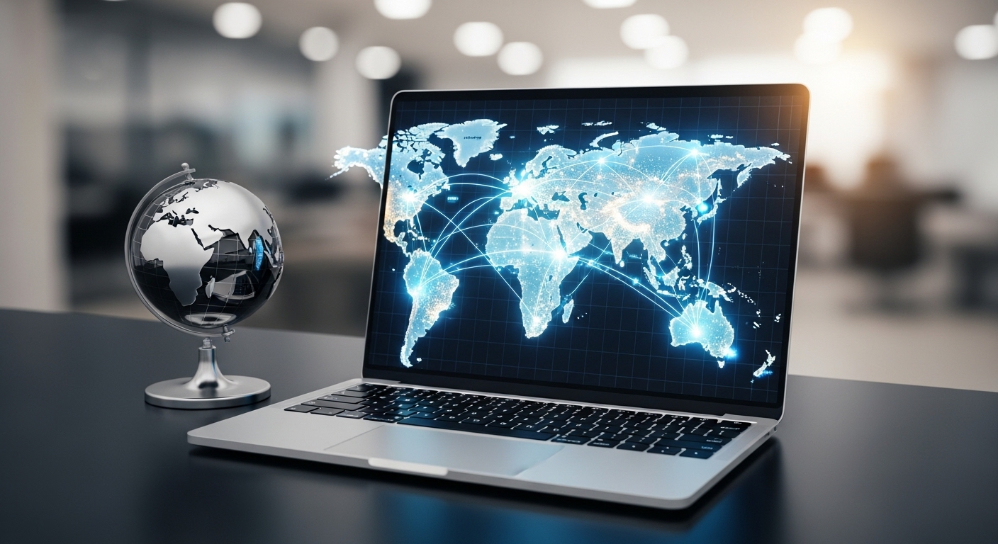 Bàn làm việc hiện đại với laptop hiển thị bản đồ thế giới có các điểm kết nối và quả địa cầu nhỏ. Minh họa rõ nét về MMO là gì và cơ hội tiếp cận thị trường toàn cầu.