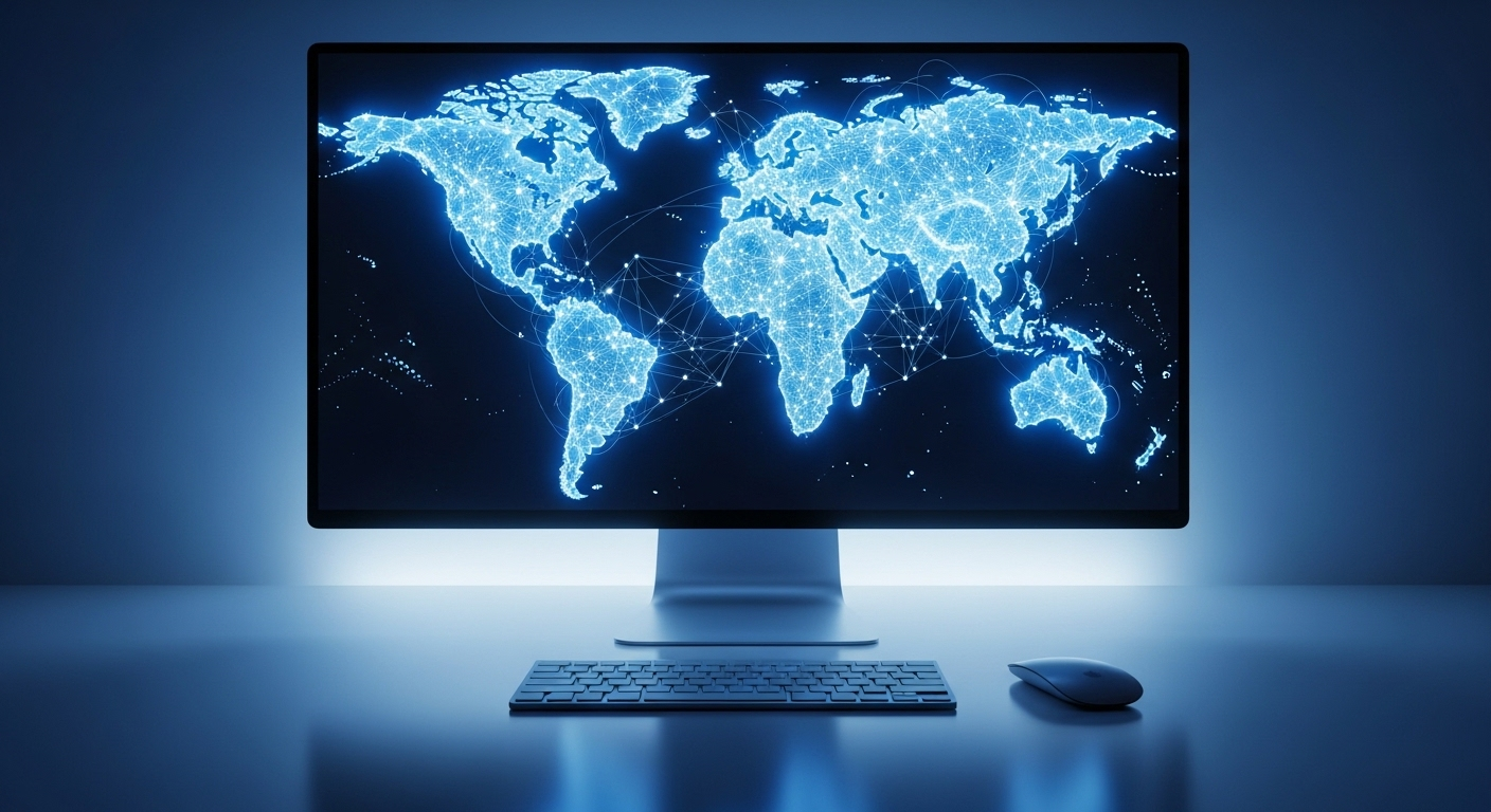 Bàn làm việc tối giản với màn hình phát sáng hiển thị bản đồ mạng lưới toàn cầu, lý tưởng cho việc học và ứng dụng các khóa học MMO.