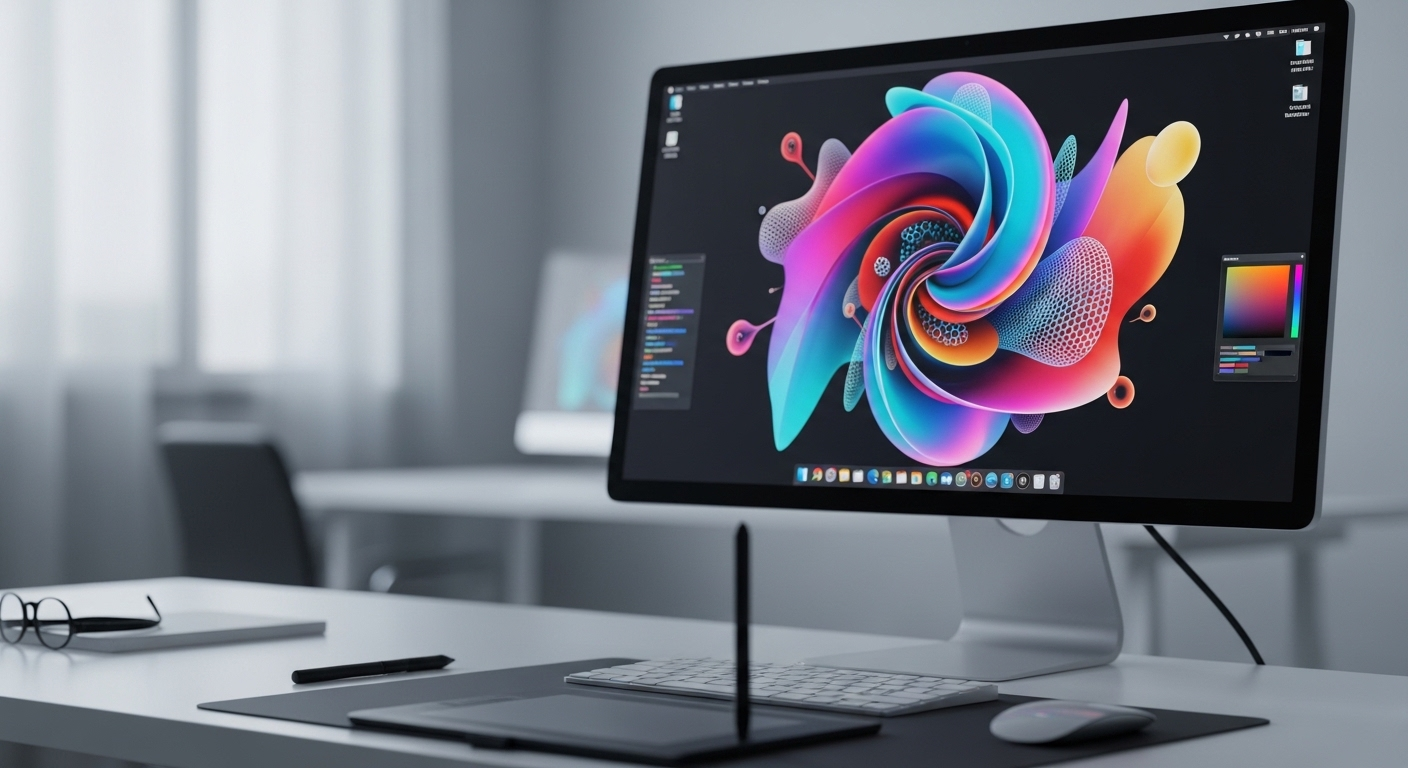 Không gian làm việc hiện đại với màn hình lớn hiển thị đồ họa kỹ thuật số sống động, cùng bảng vẽ điện tử. Công cụ lý tưởng cho cách làm MMO qua thiết kế.