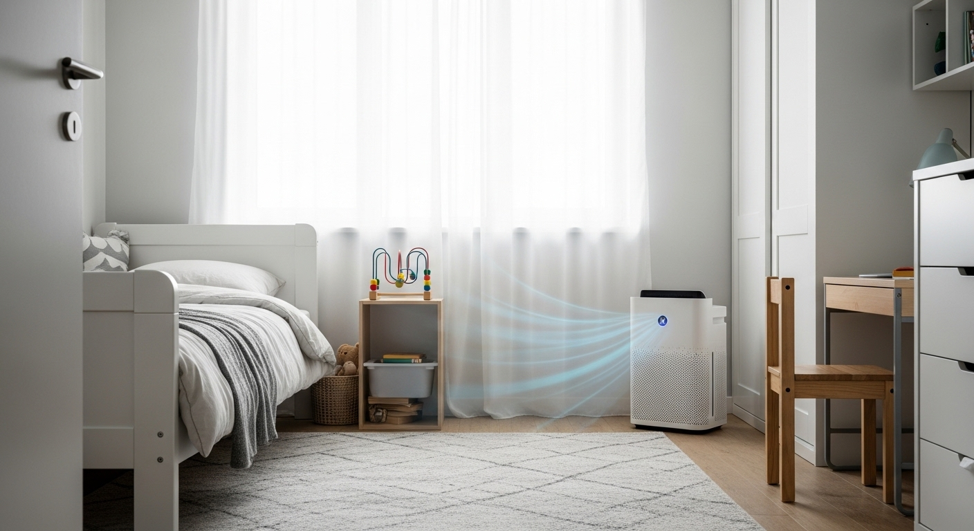 Phòng ngủ trẻ em gọn gàng, yên tĩnh với máy lọc không khí hoạt động êm ái ở góc phòng, tạo không gian sạch sẽ và trong lành.
