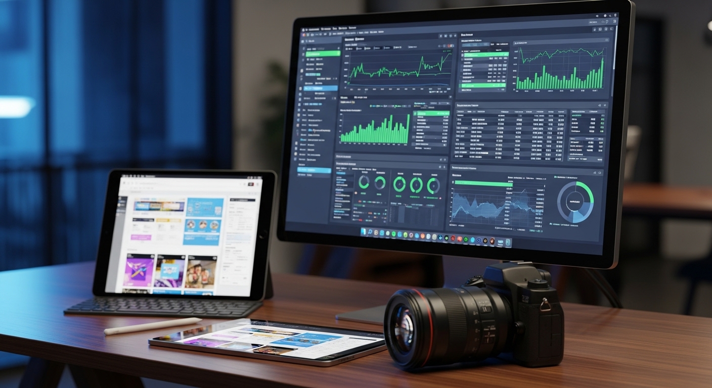 Một bàn làm việc hiện đại đa màn hình với biểu đồ phân tích dữ liệu, giao diện thiết kế web, ống kính máy ảnh và bút cảm ứng – không gian lý tưởng để kiếm tiền MMO.