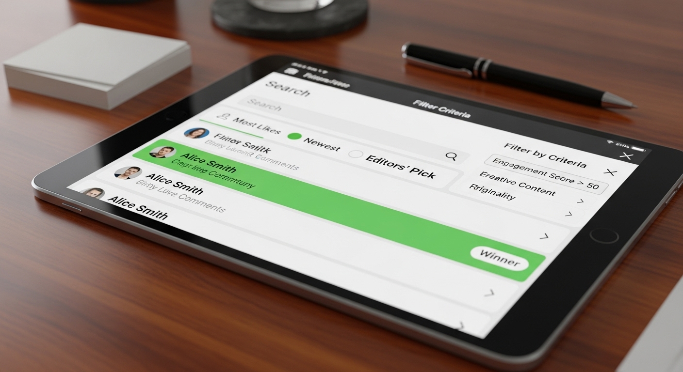 Màn hình máy tính bảng hiển thị danh sách bình luận cuộc thi trên Facebook đã được lọc theo tiêu chí, với người thắng cuộc được đánh dấu. Hình ảnh cho thấy giao diện quản lý và cách lọc comment trên Facebook để chọn người chiến thắng hiệu quả.