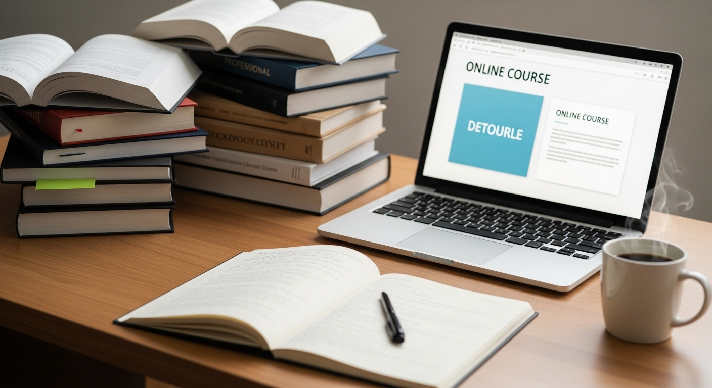 Ảnh chụp cận cảnh một chiếc laptop hiển thị module khóa học online trên bàn gỗ sạch sẽ, bên cạnh là chồng sách chuyên nghiệp và dụng cụ ghi chép. Hình ảnh minh họa môi trường học tập tập trung để phát triển kỹ năng và kiếm tiền online.