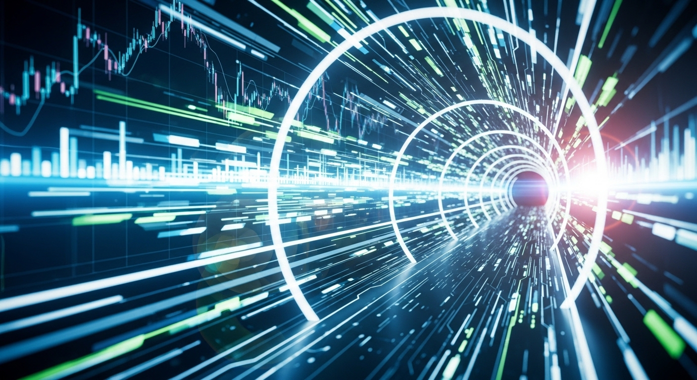 các gói dữ liệu phát sáng di chuyển nhanh qua đường hầm ánh sáng, trên giao diện tối hiện đại với biểu đồ tài chính thời gian thực.