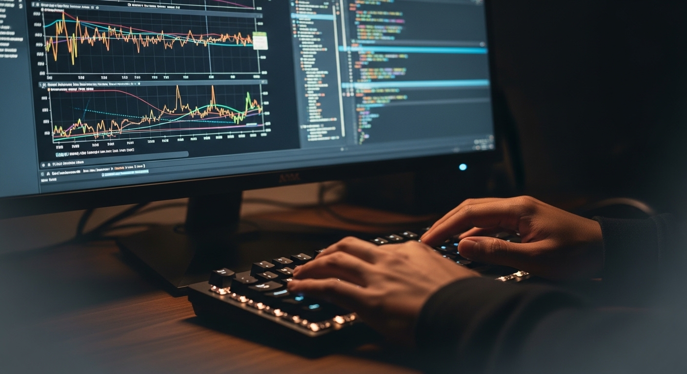 Bàn tay trên bàn phím, màn hình hiển thị dữ liệu và code phức tạp, phản ánh sự tập trung cao độ vào công việc trực tuyến. Một hình ảnh minh họa cho việc tìm hiểu sâu hơn về MMO là gì và cách thức kiếm tiền online.