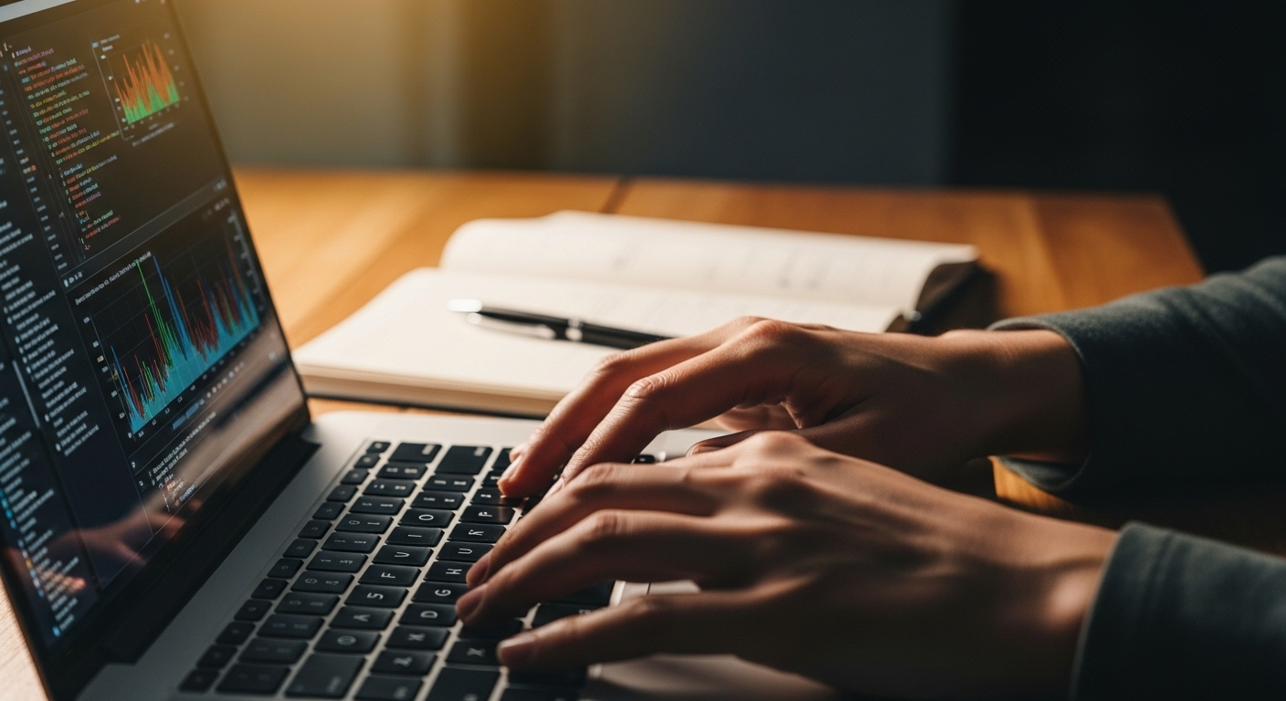 Đôi tay chăm chỉ gõ laptop với màn hình code và sổ ghi chú, thể hiện quá trình học tập, phát triển kỹ năng chuyên môn vững chắc để kiếm tiền online không cần vốn hiệu quả.