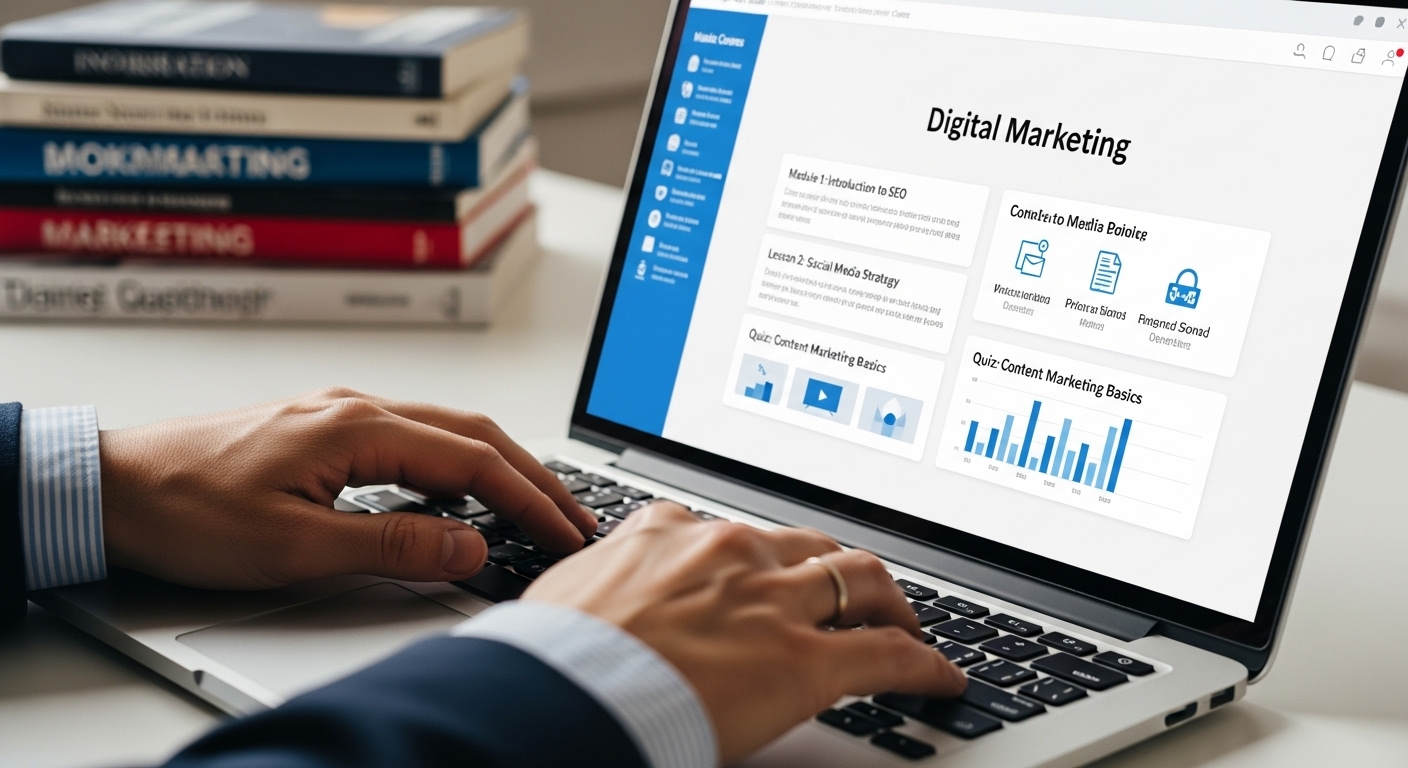 Bàn tay đang gõ laptop, màn hình hiển thị giao diện khóa học tiếp thị số. Hình ảnh gợi nhắc việc học tập để hiểu rõ MMO là gì và kiếm tiền trực tuyến.