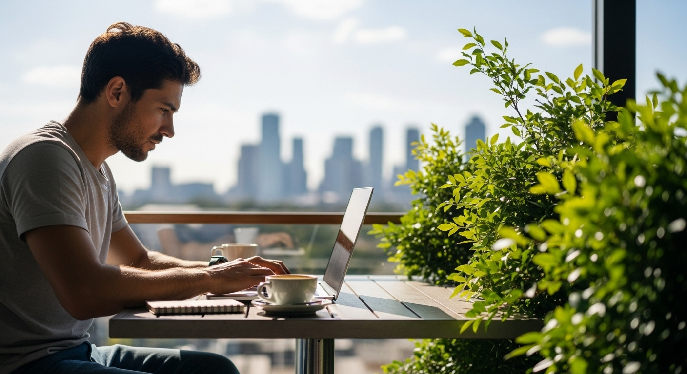 Người làm việc trên laptop tại quán cà phê ngoài trời, tận hưởng sự linh hoạt và tự do của công việc online, minh họa cho MMO là gì. Người làm việc trên laptop tại quán cà phê ngoài trời, tận hưởng sự linh hoạt và tự do của công việc online, minh họa cho MMO là gì.