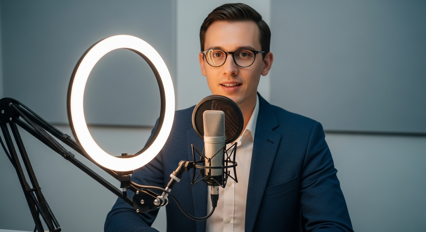 Người ngồi bàn làm việc với micro chuyên nghiệp và đèn LED vòng, setup để tạo nội dung kỹ thuật số, hướng đến kiếm tiền online.