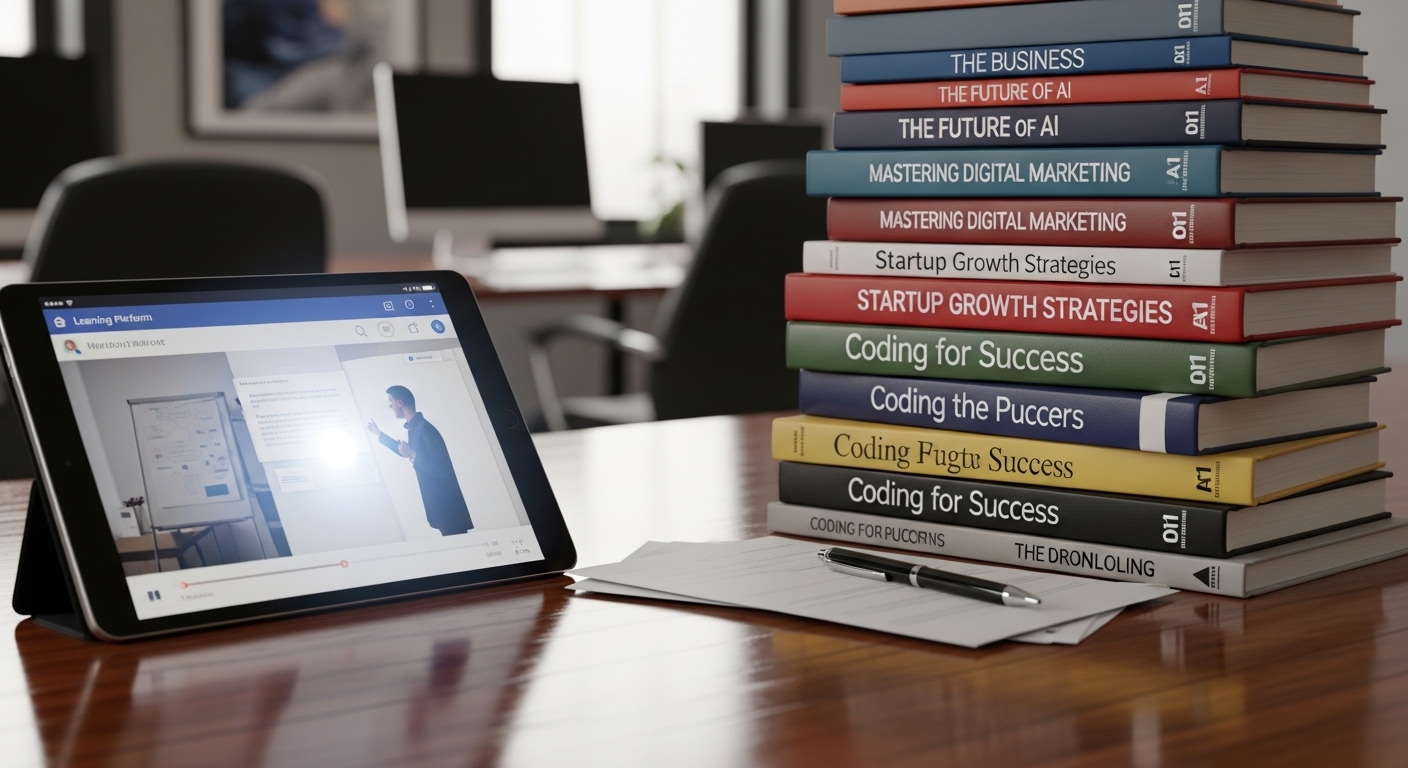 Ảnh chụp sách kinh doanh, công nghệ và máy tính bảng hiển thị nền tảng học tập, nguồn tài nguyên giúp bạn khám phá cách kiếm tiền online không cần vốn hiệu quả.