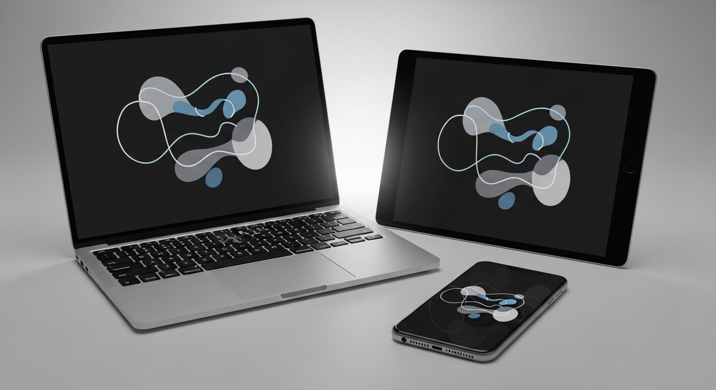 Laptop, máy tính bảng và điện thoại thông minh hiển thị đồ họa trừu tượng đơn giản, đồng nhất. Hình ảnh minh họa việc tạo logo Youtube chuyên nghiệp, nhất quán trên mọi thiết bị.