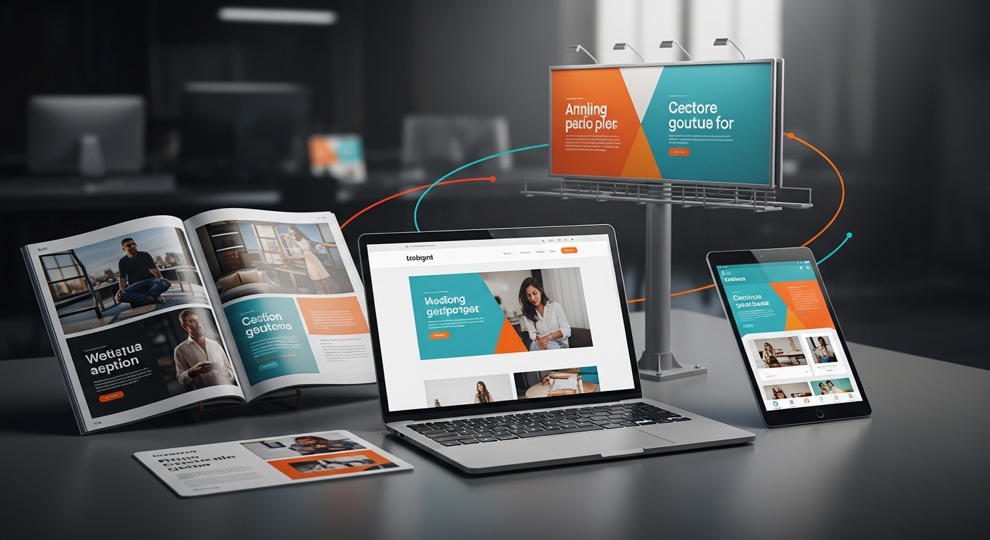 Hệ thống các kênh truyền thông đa dạng, gồm laptop (website), tablet (ứng dụng), bảng quảng cáo và tạp chí, thể hiện thông điệp thương hiệu đồng nhất với màu sắc nhất quán.