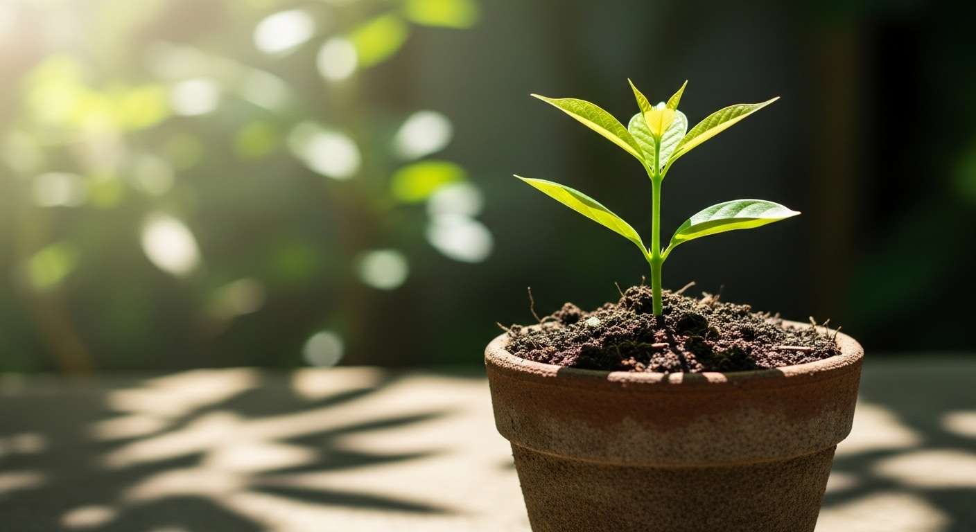 Cây non xanh tươi vươn mình trong chậu đất nung tại nhà dưới ánh nắng, tượng trưng cho sự phát triển của việc kiếm tiền online tại nhà.