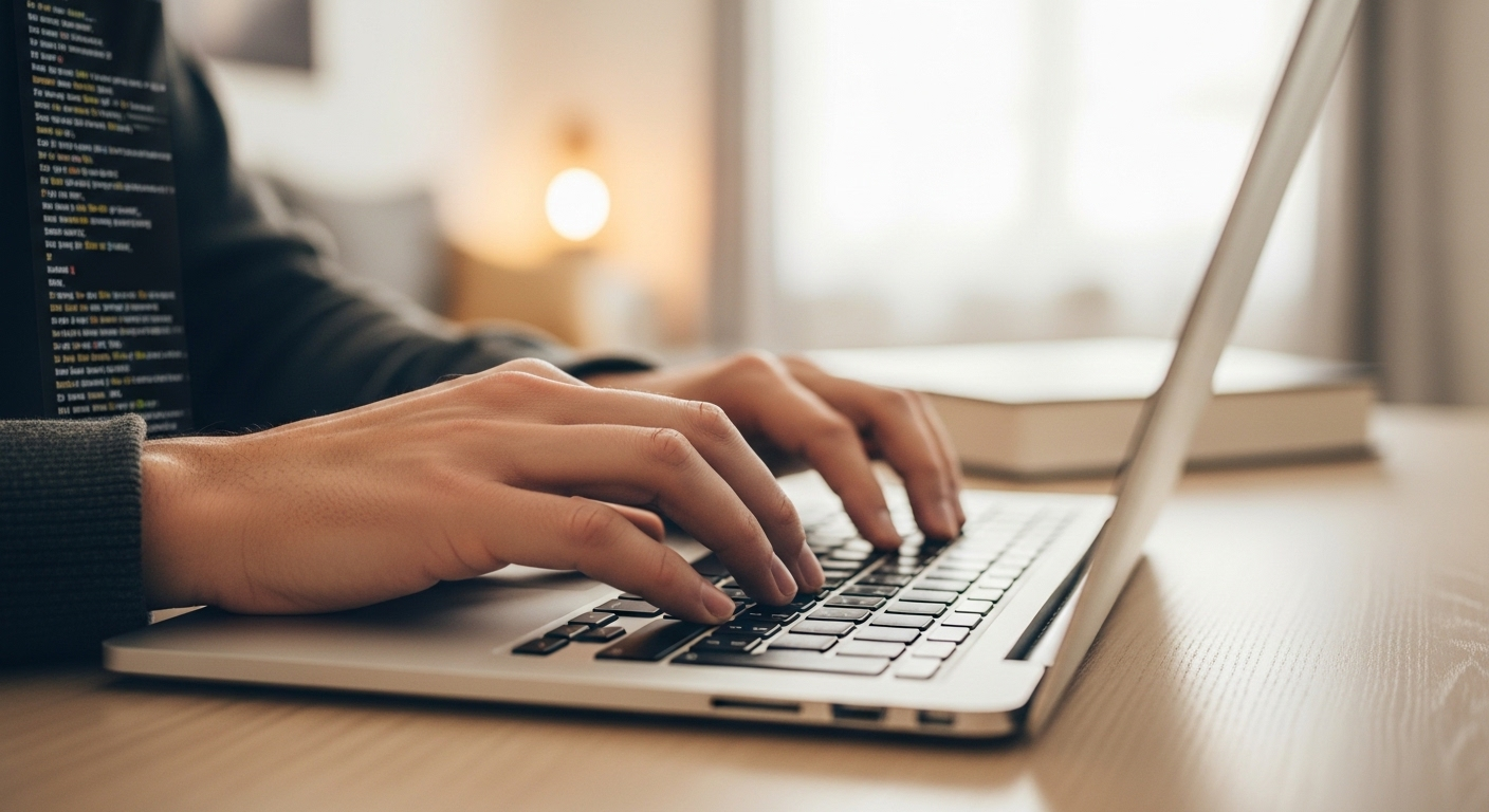 Cận cảnh bàn tay đang gõ phím laptop trên bàn làm việc sạch sẽ, trong không gian sáng sủa, gợi mở về cách kiếm tiền online tại nhà không cần vốn qua các công việc như viết lách hay lập trình.