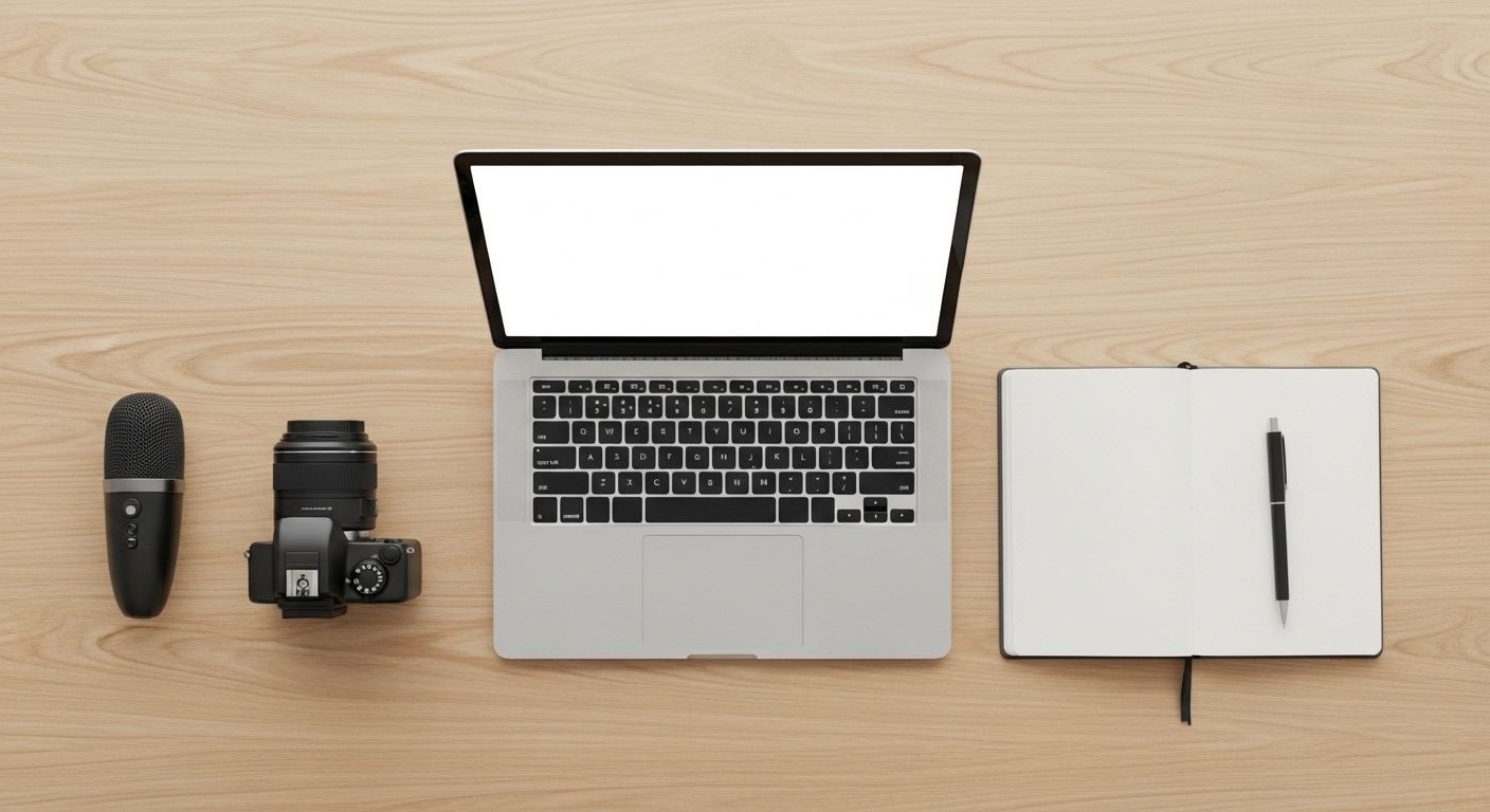 Các công cụ làm việc và sáng tạo nội dung tại nhà (laptop, micro, máy ảnh, sổ tay) được bố trí gọn gàng, thể hiện các cách kiếm tiền tại nhà hiệu quả.