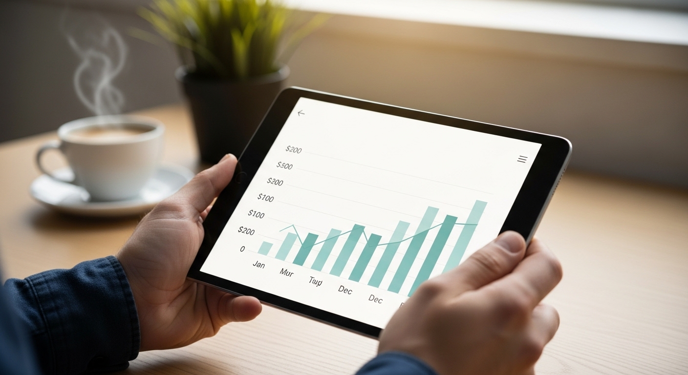 Tay cầm máy tính bảng xem biểu đồ tài chính với xu hướng tăng trưởng rõ rệt trên app kiếm tiền online, giúp theo dõi hiệu quả đầu tư.
