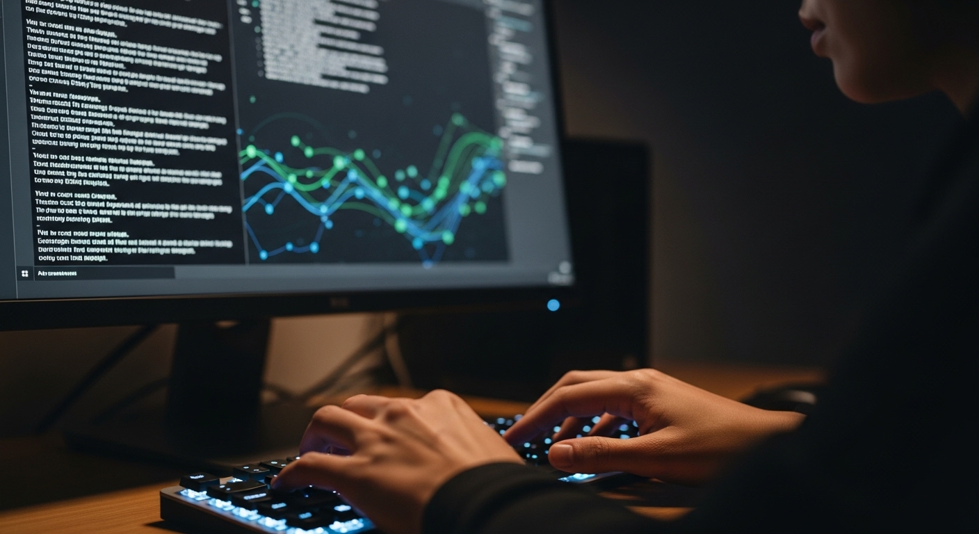 Bàn tay gõ phím trên máy tính, màn hình hiển thị công cụ AI tạo nội dung, giúp tăng năng suất và kiếm tiền online hiệu quả.