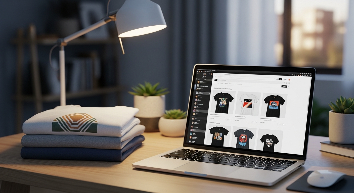 Không gian làm việc tại nhà chuyên nghiệp với laptop hiển thị trang bán áo thun thiết kế riêng và chồng áo thun gấp gọn. Minh họa lý tưởng cho việc làm thêm tại nhà kinh doanh online hiệu quả.