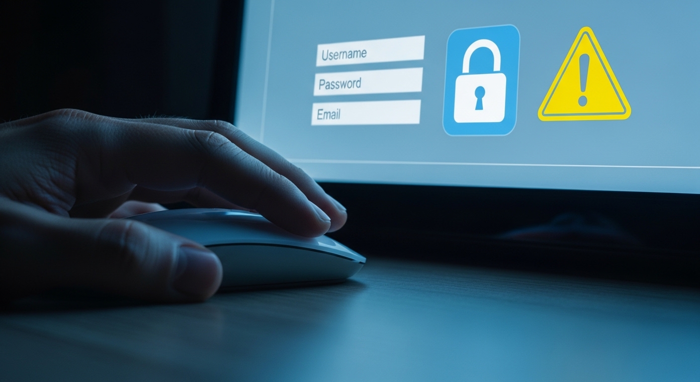 Bàn tay cẩn trọng đặt trên chuột máy tính, màn hình hiển thị cảnh báo bảo mật (khóa và dấu chấm than). Hình ảnh gợi nhớ sự thận trọng cần thiết khi tìm hiểu các cách kiếm tiền online cho học sinh sinh viên an toàn và uy tín.