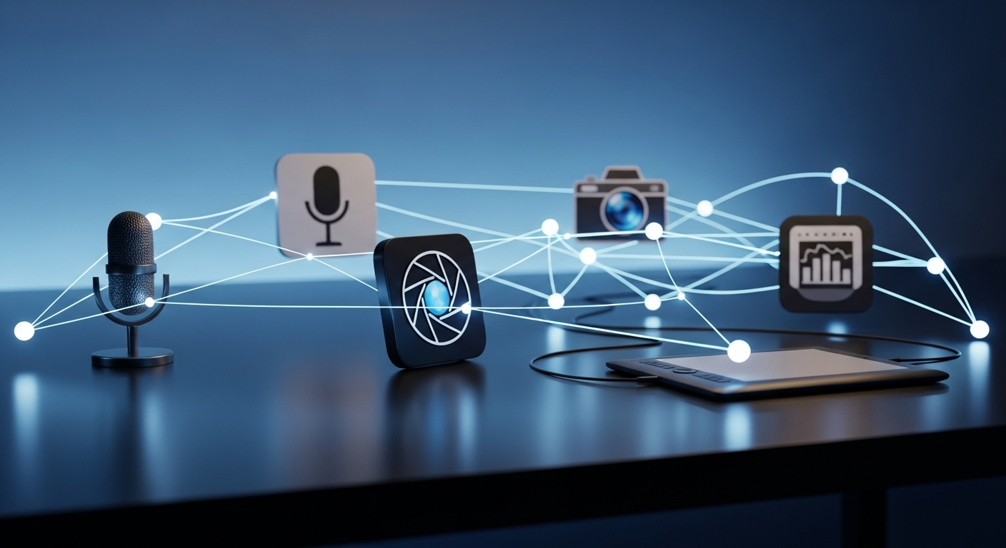 Hình ảnh các biểu tượng thiết bị số (mic, camera, bảng vẽ) liên kết bằng đường mạng phát sáng trên bàn làm việc, thể hiện các cơ hội kiếm tiền online không cần vốn từ các nền tảng kỹ thuật số.