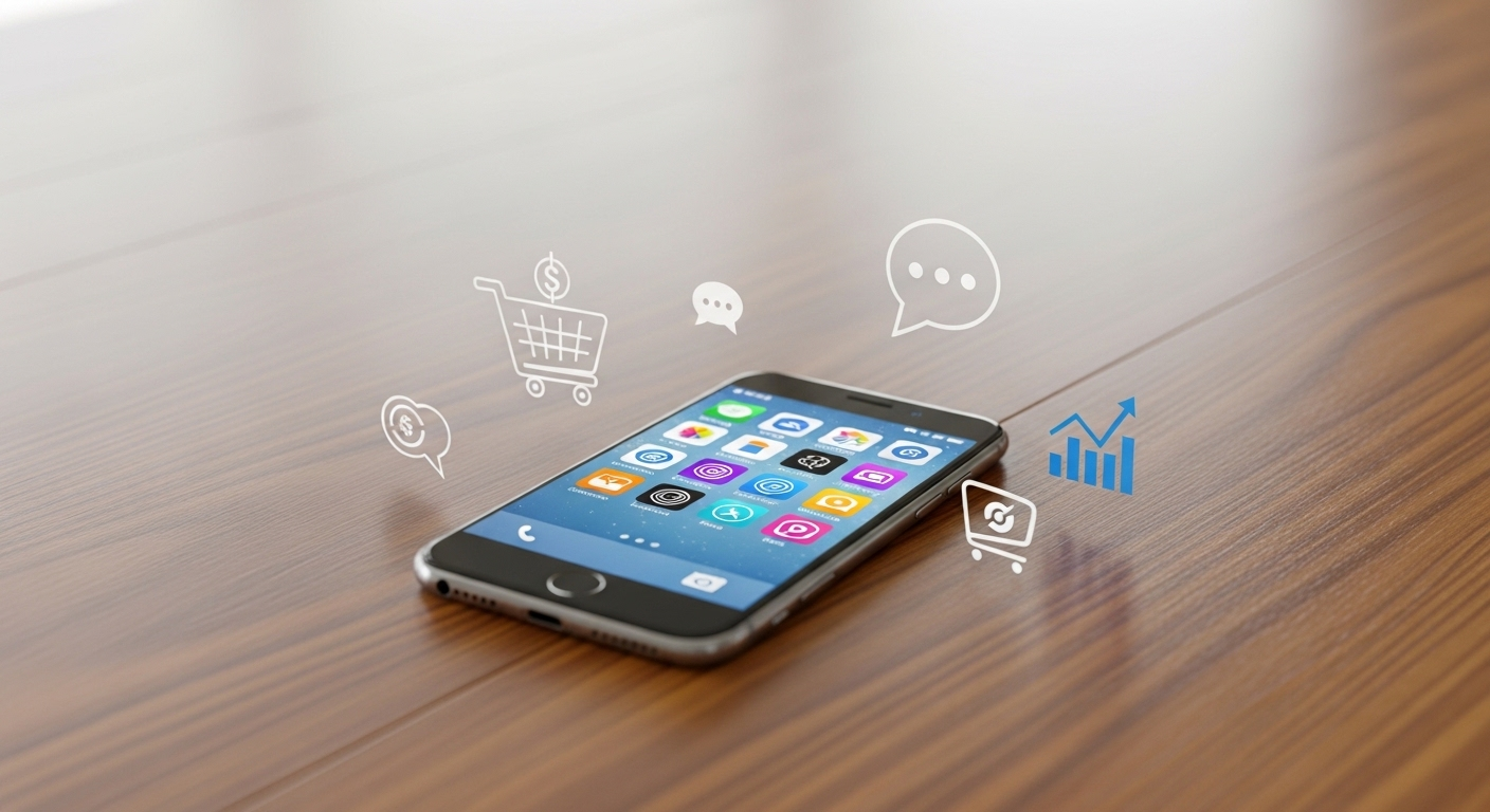 Điện thoại thông minh hiện đại trên bàn gỗ, bao quanh là biểu tượng giỏ hàng, chat và biểu đồ tăng trưởng, minh họa các phương pháp kiếm tiền online. Màn hình điện thoại hiển thị đa dạng app kiếm tiền trên điện thoại.