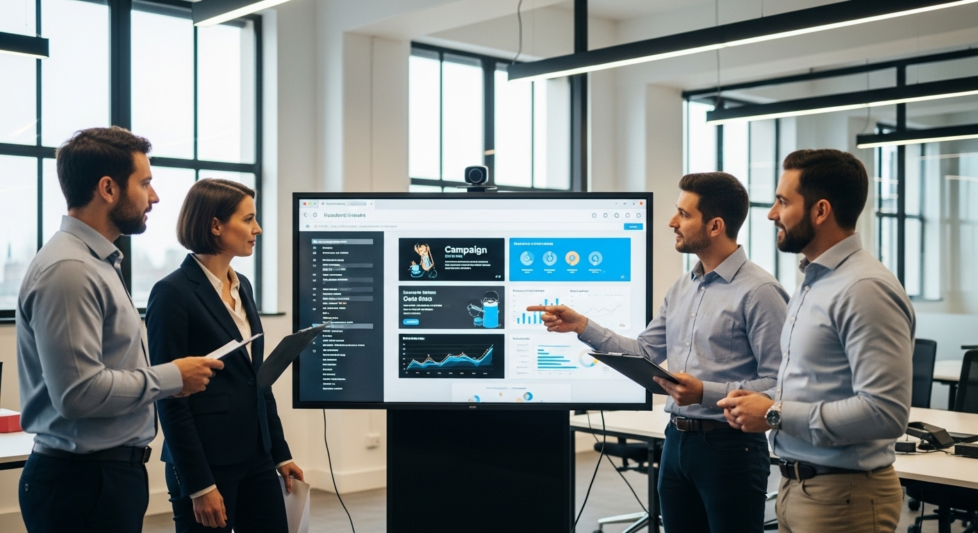 Ba chuyên gia thảo luận dự án truyền thông đa phương tiện trên màn hình tương tác lớn, thể hiện triển vọng nghề nghiệp cho sinh viên đạt điểm chuẩn ngành truyền thông đa phương tiện.