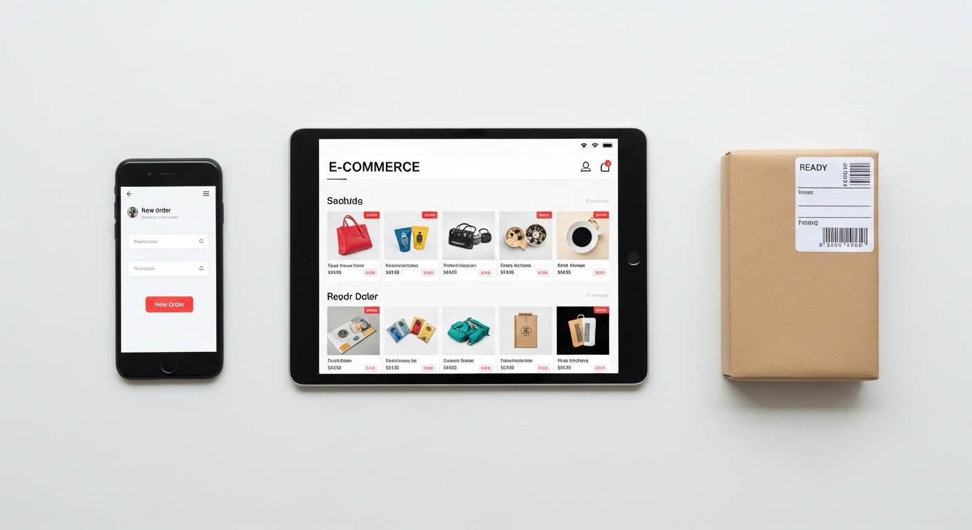 Góc làm việc tối giản với máy tính bảng hiển thị sàn thương mại điện tử, điện thoại và gói hàng sẵn sàng, minh họa cách kiếm tiền online hiệu quả qua quản lý bán hàng trực tuyến.