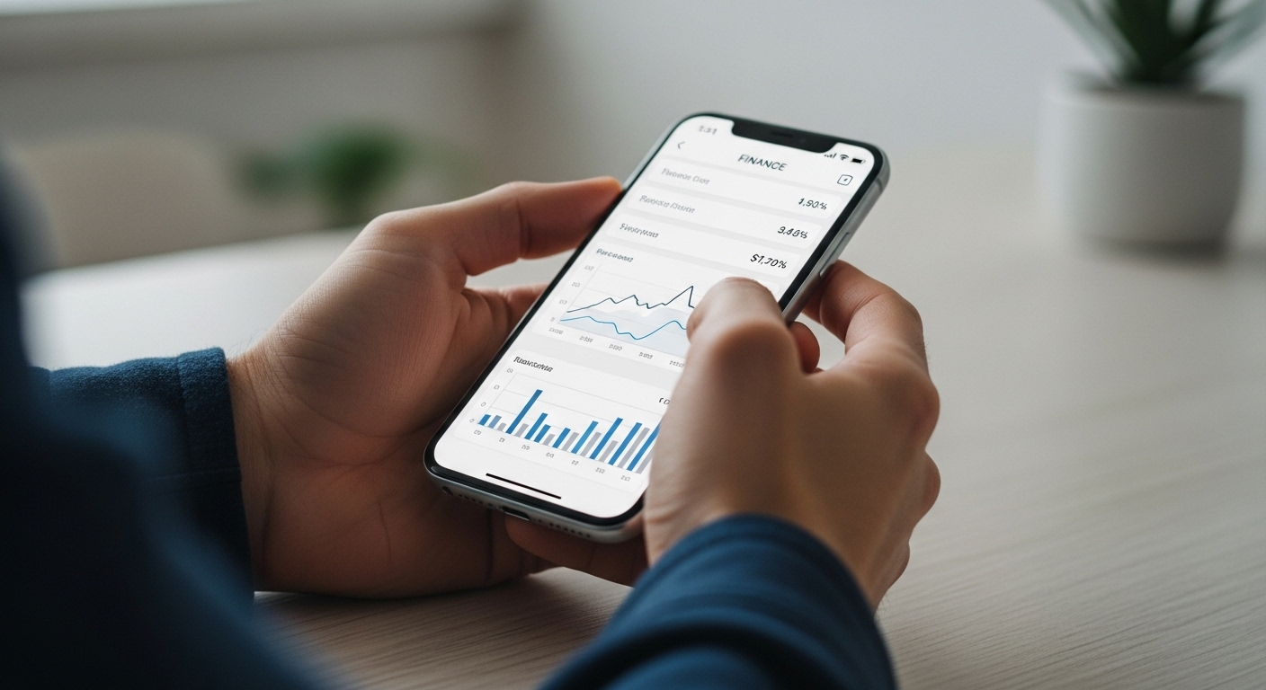 Bàn tay đang sử dụng điện thoại thông minh với ứng dụng tài chính, minh họa cách kiếm tiền online tại nhà bằng điện thoại hiệu quả.