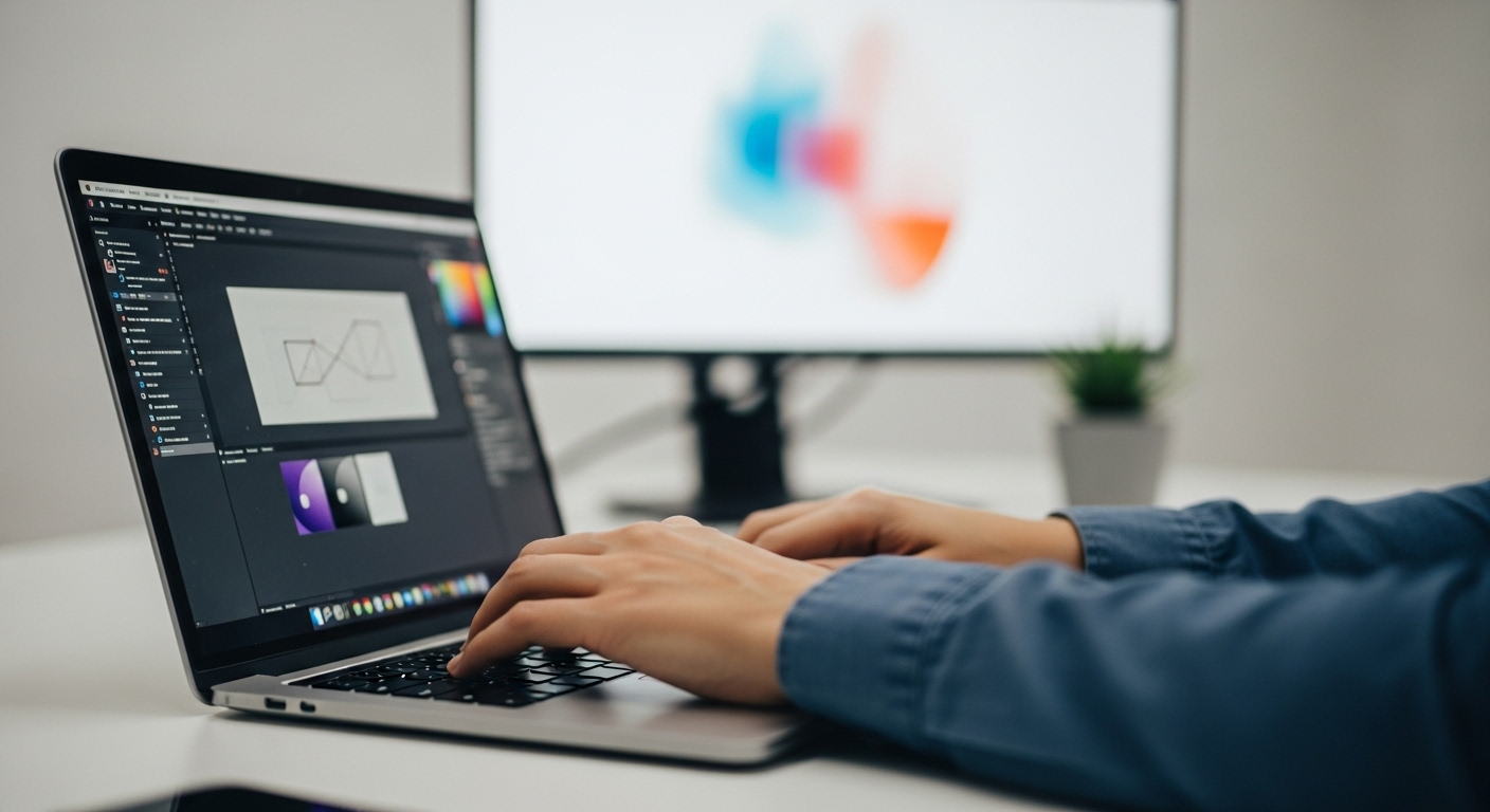 Bàn tay chuyên nghiệp gõ phím laptop trên bàn làm việc hiện đại với màn hình thiết kế, minh họa cách kiếm tiền tại nhà hiệu quả.