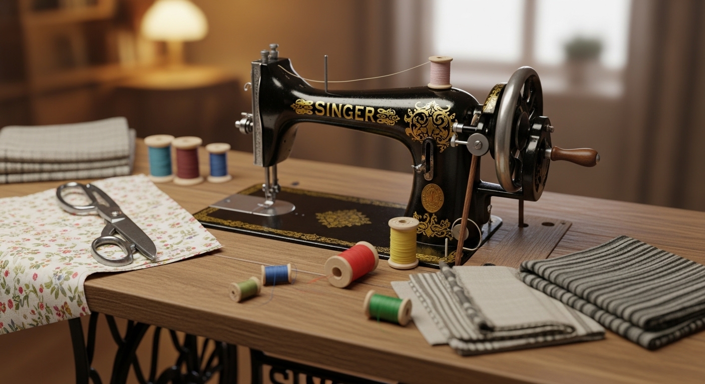 Máy may cổ điển trên bàn gỗ, với chỉ, vải và kéo, tạo cảm hứng kiếm tiền tại nhà trong không gian thủ công ấm cúng.