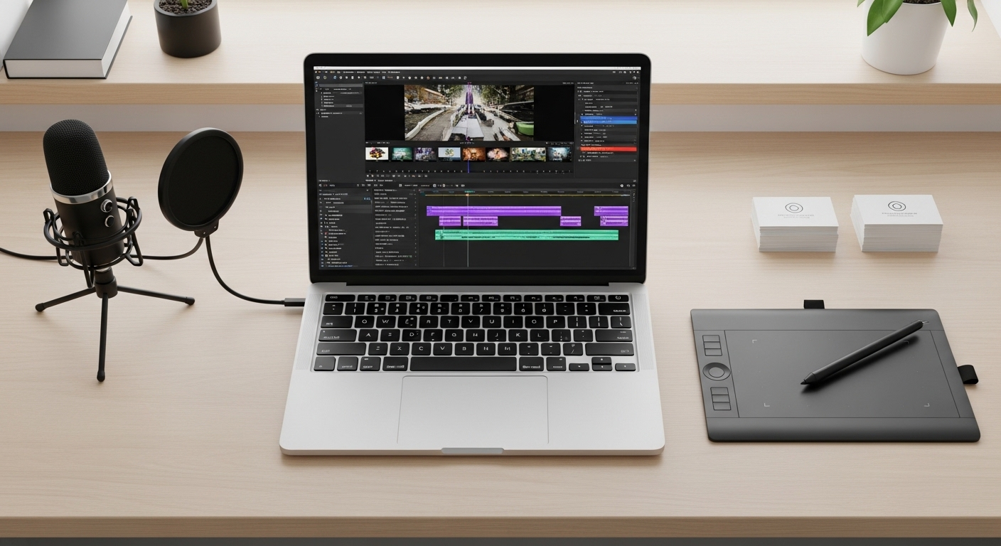 Bàn làm việc sáng tạo gọn gàng với laptop dựng video, micro thu âm và bảng vẽ kỹ thuật số. Thiết lập lý tưởng cho cách kiếm tiền online tại nhà không cần vốn thông qua sản xuất nội dung số.