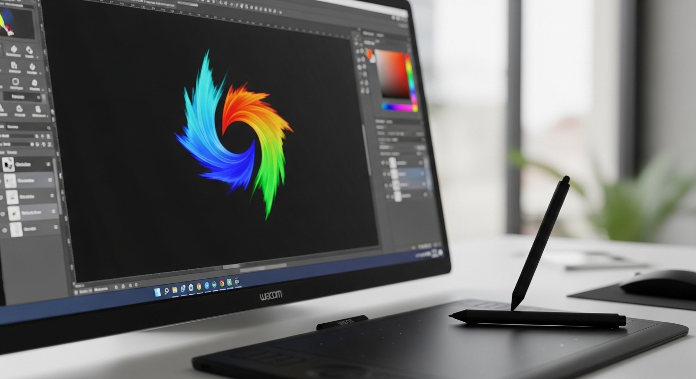 Màn hình máy tính hiển thị phần mềm thiết kế đồ họa tạo logo trừu tượng sống động, với bảng vẽ và bút stylus. Đây là công việc sáng tạo giúp kiếm tiền bằng máy tính hiệu quả.