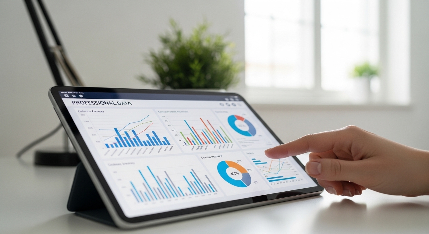Tay tương tác với máy tính bảng hiển thị biểu đồ dữ liệu kinh doanh trực tuyến trong văn phòng tại nhà, minh họa việc kiếm tiền tại nhà.