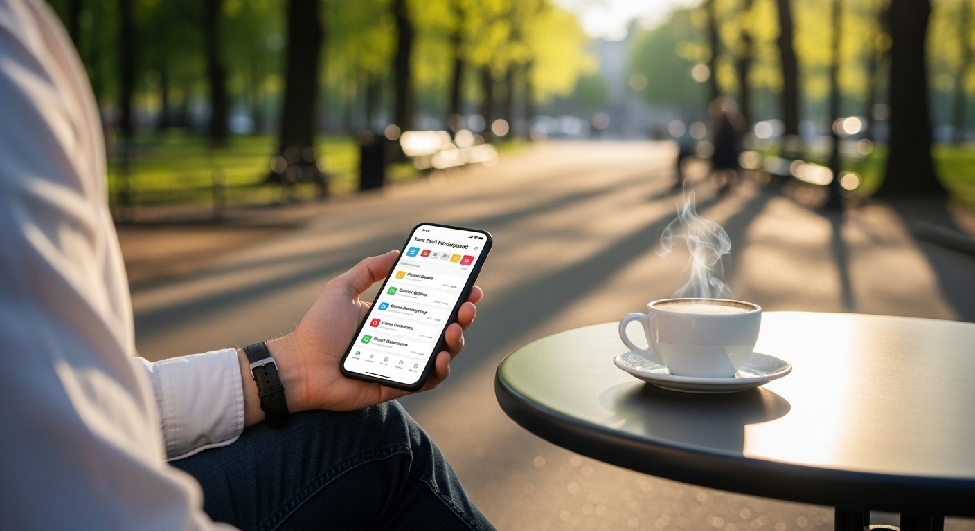 Một người thư giãn tại quán cà phê ngoài trời, dùng điện thoại thông minh hiển thị app kiếm tiền online với giao diện sống động. Khung cảnh công viên mờ và cà phê dưới ánh nắng hoàng hôn.