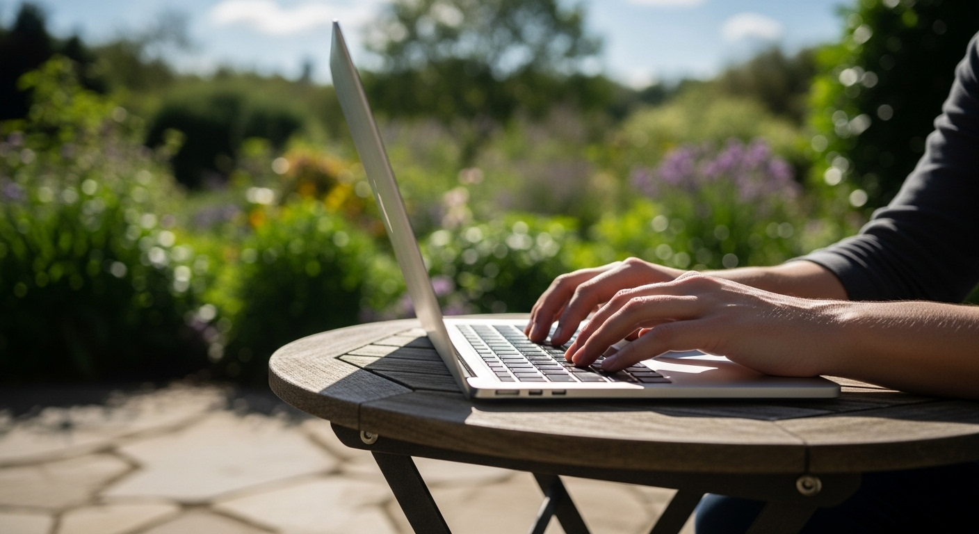 Tay đang gõ laptop trên bàn nhỏ ngoài vườn xanh mướt, thể hiện sự linh hoạt khi làm việc và kiếm tiền online.