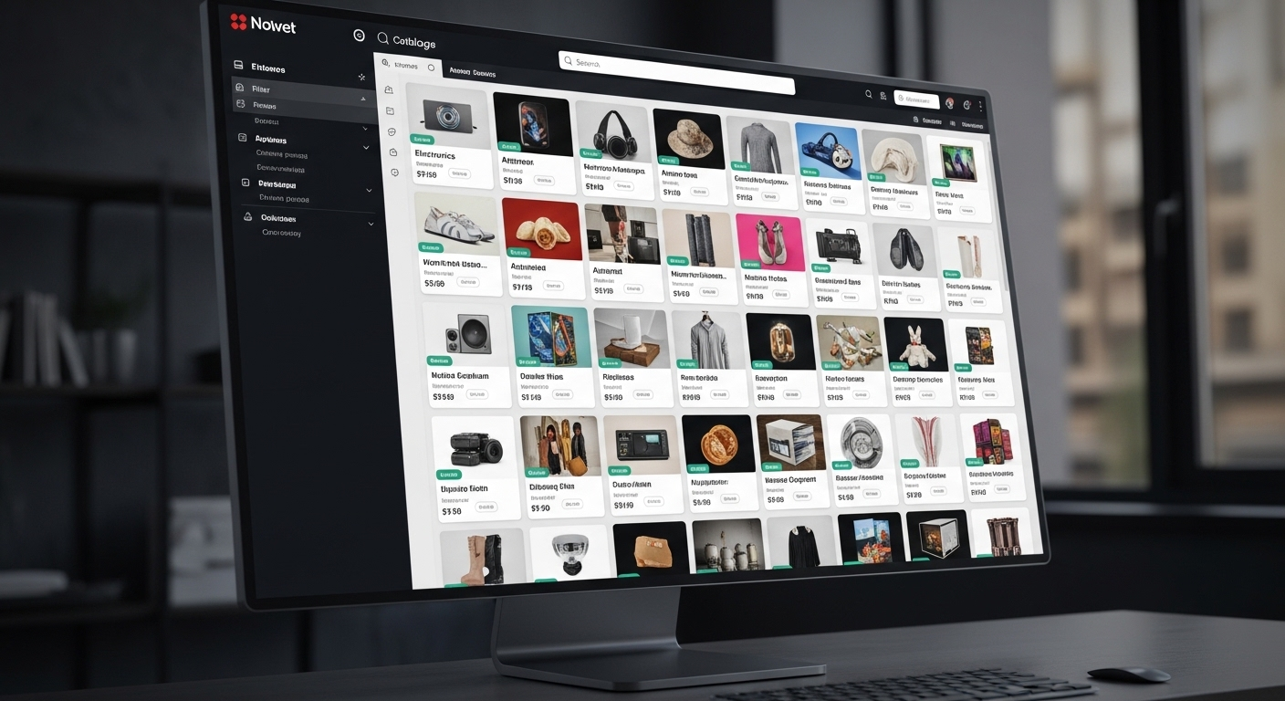 Giao diện danh mục sản phẩm kỹ thuật số đa dạng, có tổ chức trên màn hình lớn, hiển thị kho hàng điện tử phong phú – nền tảng để hiểu Dynamic Ads là gì.