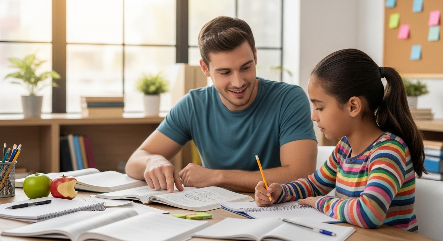 Sinh viên đang dạy kèm học sinh nhỏ giữa sách vở, một cách kiếm tiền cho học sinh sinh viên phổ biến và hiệu quả.