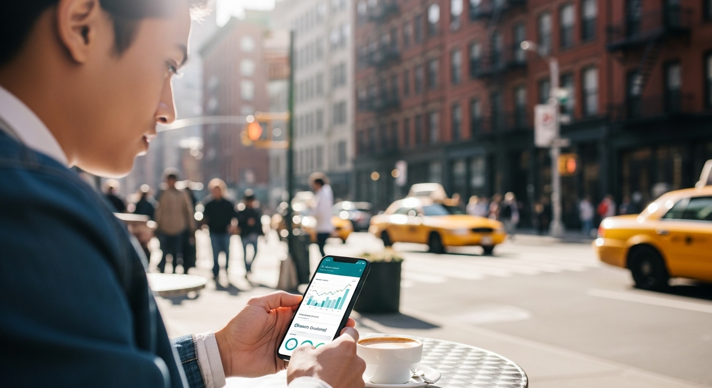 Một người đang kiếm tiền online tại nhà bằng điện thoại tại quán cà phê ngoài trời, màn hình hiển thị biểu đồ tài chính.