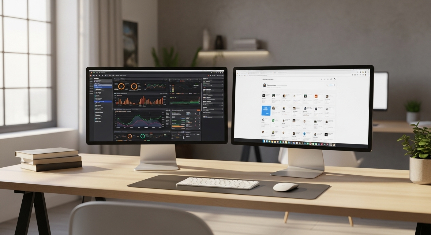 Góc làm việc tối giản, hiện đại với hai màn hình máy tính lớn hiển thị các giao diện web và bảng điều khiển dữ liệu, thường dùng để truy cập web kiếm tiền online không cần vốn dành cho người Việt.