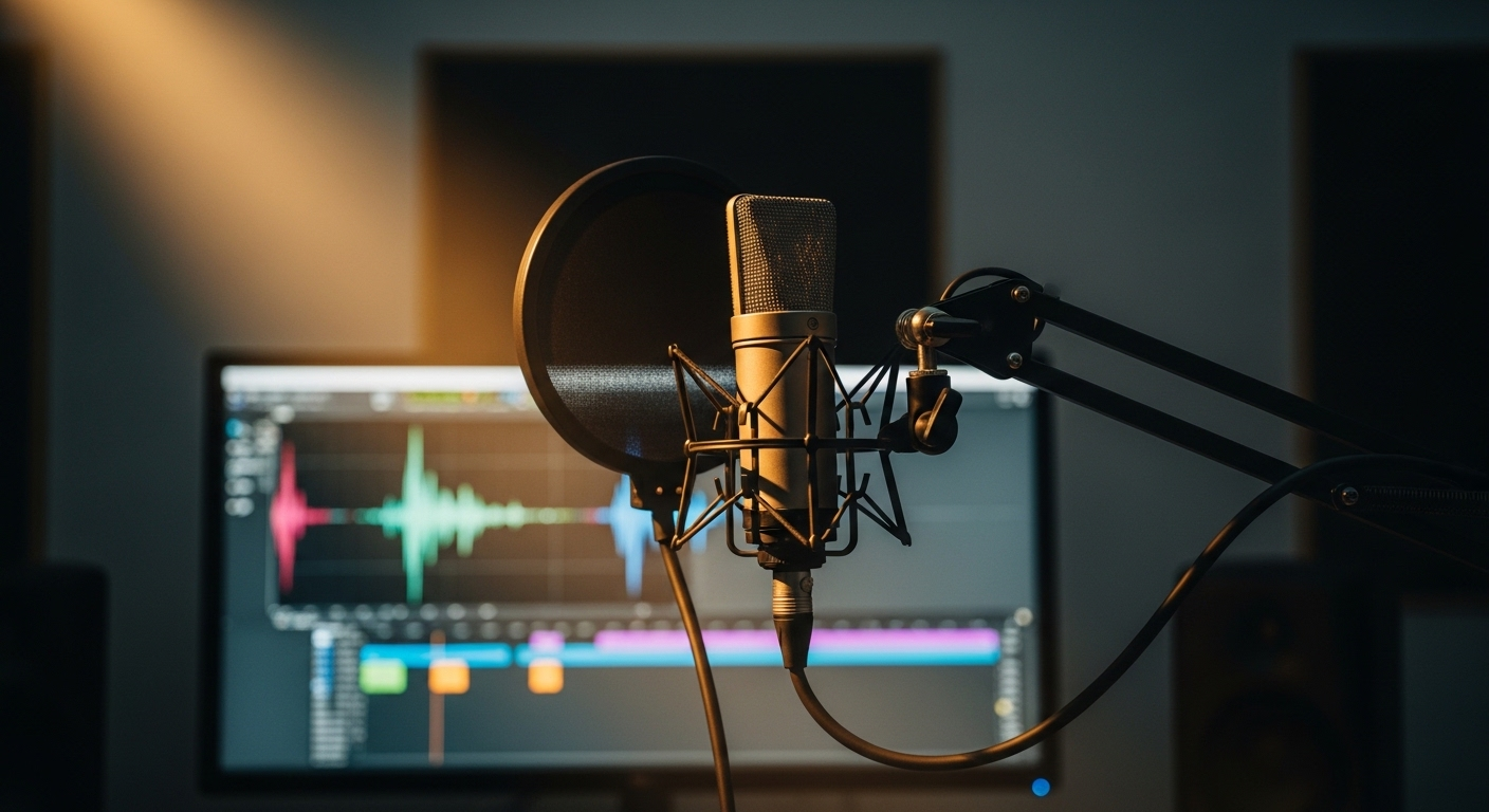 Hình ảnh micro thu âm chuyên nghiệp và màn hình máy tính chỉnh sửa, minh họa cách kiếm tiền online không cần vốn bằng việc sáng tạo nội dung số, podcast hay lồng tiếng.