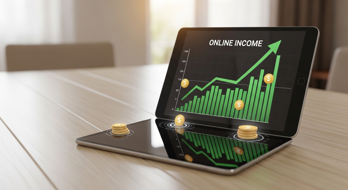Máy tính bảng trên bàn gỗ hiển thị biểu đồ tài chính tăng trưởng và biểu tượng tiền kỹ thuật số, gợi mở cách kiếm tiền tại nhà hiệu quả.