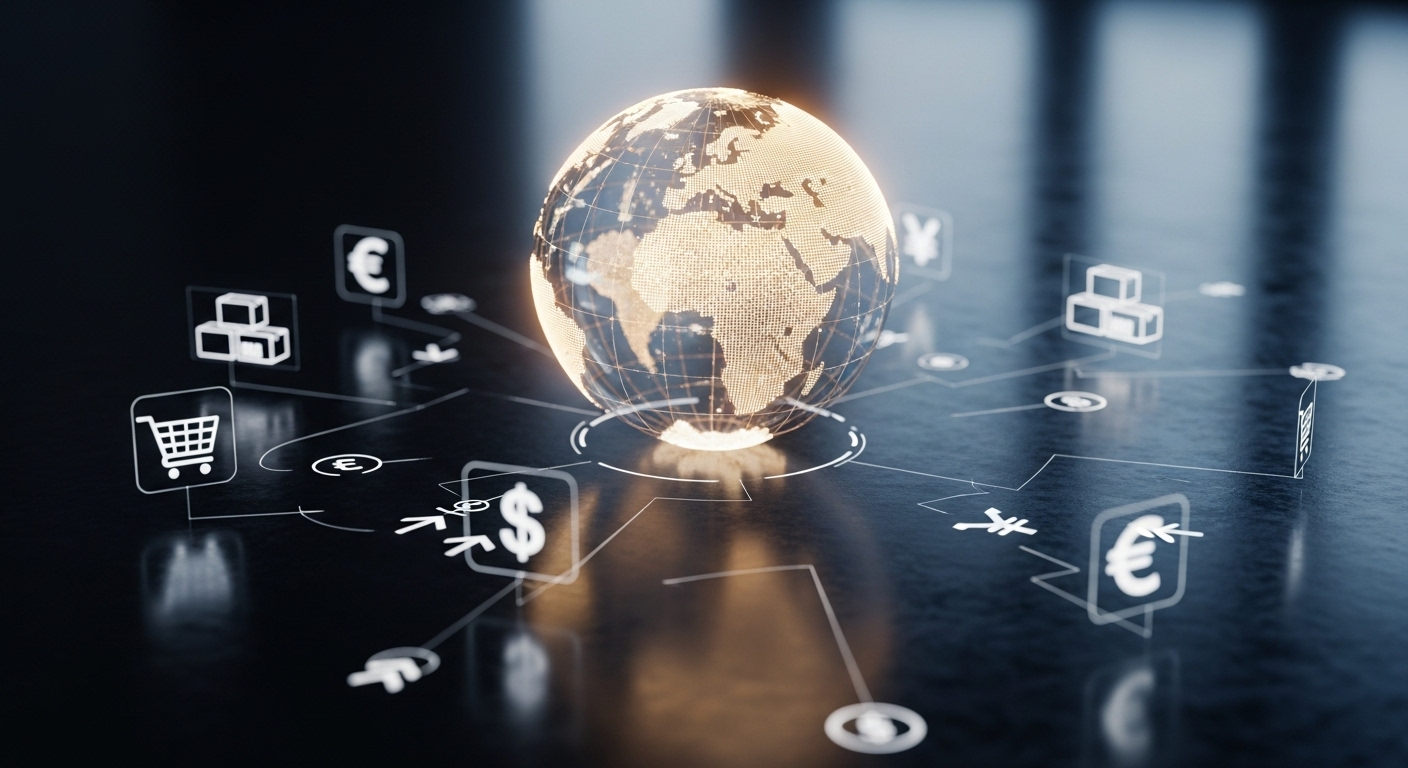 Quả địa cầu phát sáng, bao quanh bởi icon giỏ hàng, tiền tệ, biểu thị hệ thống web kiếm tiền online và thương mại điện tử toàn cầu.