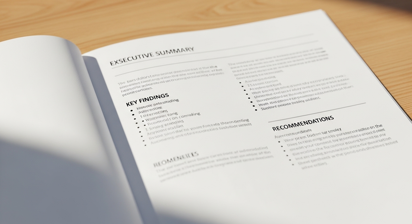 Góc nhìn từ trên cao một báo cáo chuyên nghiệp có bố cục rõ ràng, với tiêu đề và gạch đầu dòng được tổ chức khoa học trên bàn gỗ sáng màu. Là một chuyên gia phân tích SEO chuyên nghiệp, đây là tài liệu phản ánh sự phân tích sâu sắc.