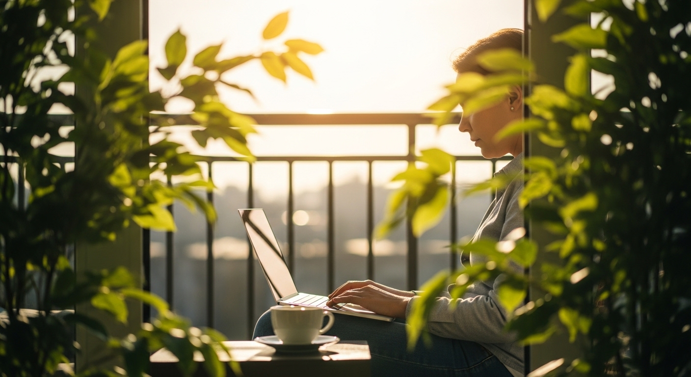 Một người làm việc trên laptop trên ban công ngập nắng với cây xanh.