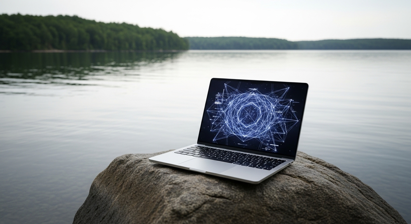 Laptop mở trên tảng đá bên hồ nước yên bình, màn hình hiển thị giao diện trừu tượng, thể hiện khả năng kiếm tiền online không cần vốn từ mọi nơi.