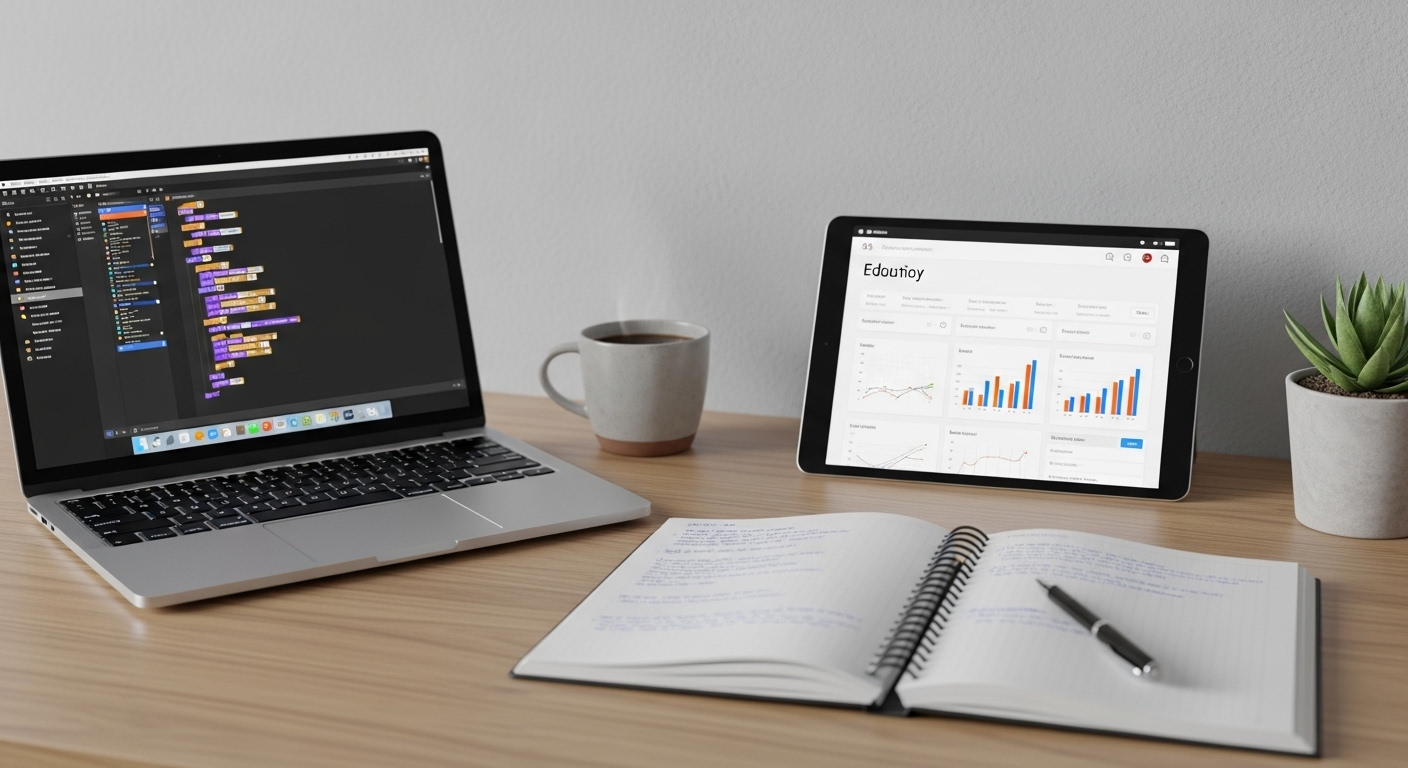 Bàn làm việc ngăn nắp với laptop, sổ tay và máy tính bảng hiển thị giao diện học online, gợi ý các khóa học tìm hiểu cách kiếm tiền online hiệu quả.