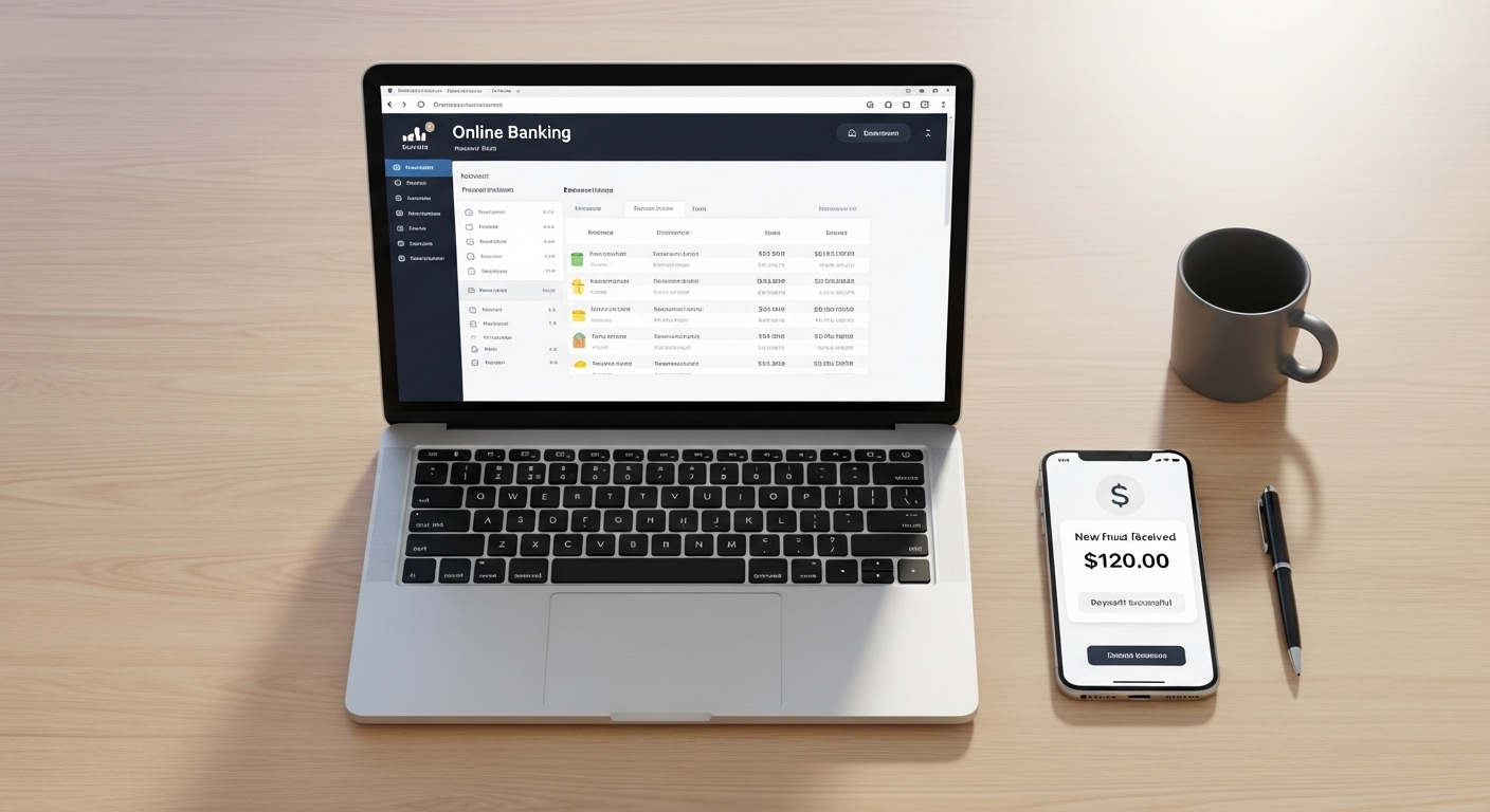 Ảnh chụp từ trên cao bàn làm việc tối giản với laptop hiển thị ngân hàng trực tuyến, điện thoại báo nhận tiền. Minh họa quản lý tài chính cá nhân hiện đại, tích hợp các giao dịch từ app vay tiền online.