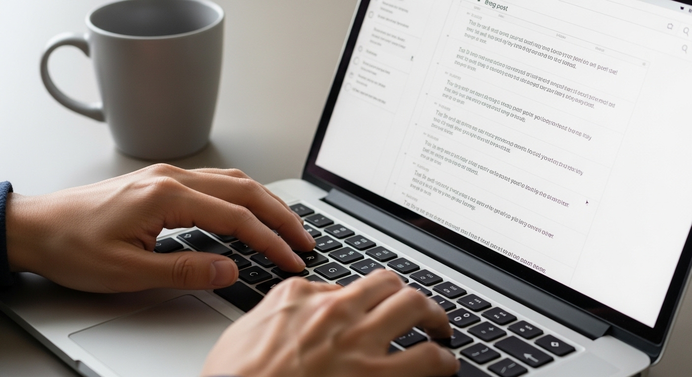 Bàn tay đang gõ phím laptop, màn hình hiển thị giao diện soạn thảo blog để viết nội dung cho web kiếm tiền online tại nhà.